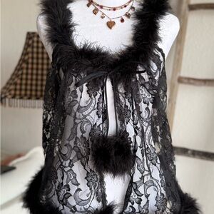 Frederick's of Hollywood Black Sheer Lace Chemise with Feather Trim